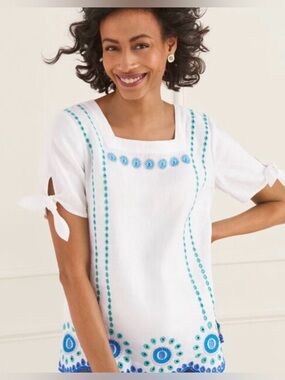 Talbots White Short-Sleeve Embroidered Blouse with Turquoise Accents